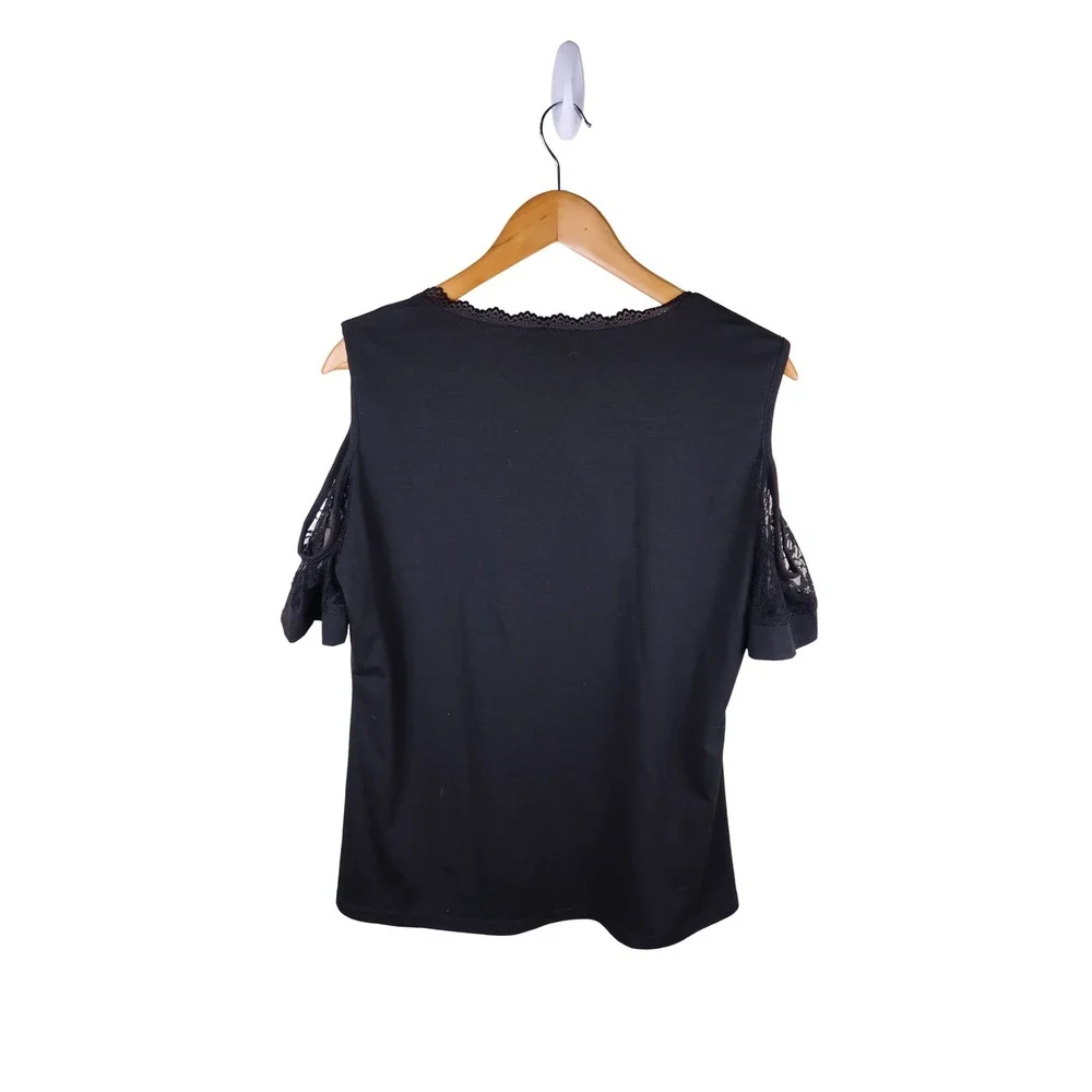 Black Cold Shoulder Lace Trim V-Neck Button Front Blouse Top Women Excellent